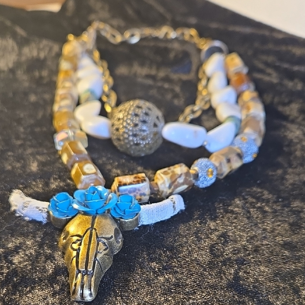 Gold and Blue Beaded Necklace with Skull Pendant